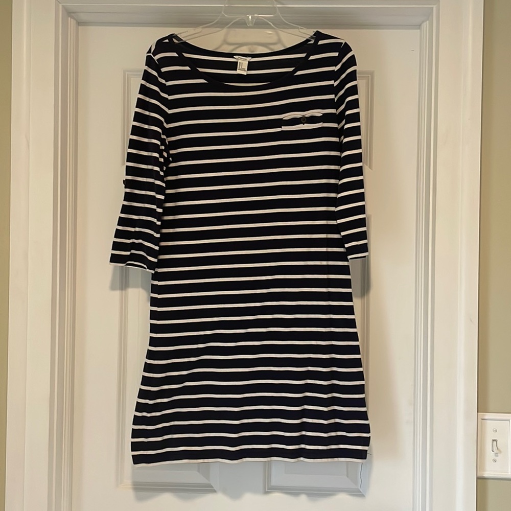 White and blue striped dress